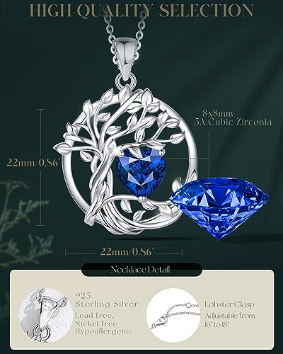 FANCIME Tree of life Birthstone necklace Sterling Silver Pendant Birthstone Necklace Gemstone Anniversary Birthday Jewelry Mothers Day Gifts for Mom Her Wife - color: Sep.-Sapphire