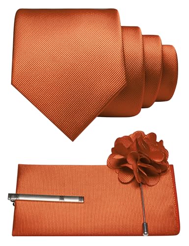 JEMYGINS Formal Necktie Solid Color Tie and Pocket Square with Tie Clip Lapel Pin Sets for Men 4PCS - color: Rust
