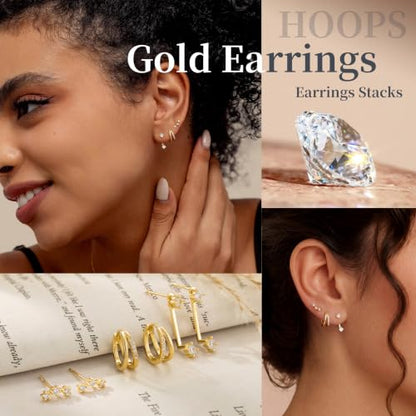 Gold Earrings for Women, Dainty CZ Huggie Hoop & Stud Earrings Set Jewelry | Gold Stack Lightweight Hypoallergenic Comfort, Perfect for Everyday Wear, Weddings, and Special Occasions.Jewelry Gift