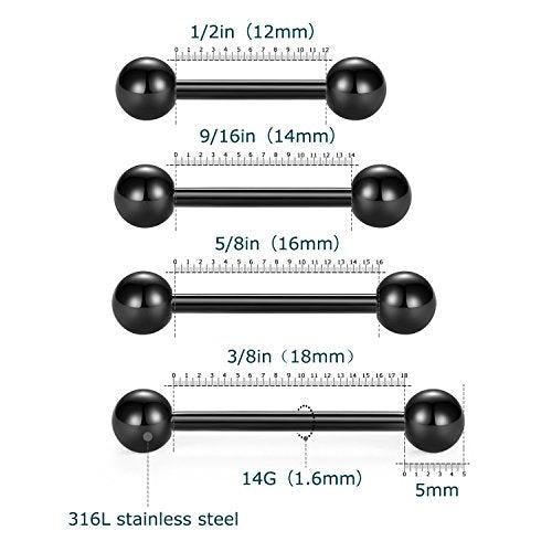 VCMART Nipple Rings Tongue Rings Stainless Steel 14G Straight Barbells Piercing Jewelry 12mm,14mm,16mm,18mm - color: 2 -black