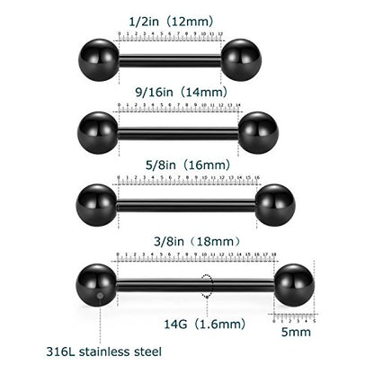 VCMART Nipple Rings Tongue Rings Stainless Steel 14G Straight Barbells Piercing Jewelry 12mm,14mm,16mm,18mm - color: 2 -black