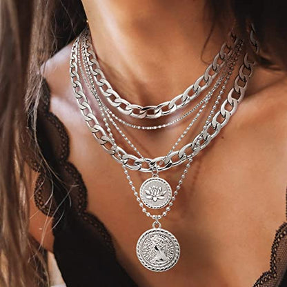 MJartoria Gold Layered Necklaces for Women Trendy Retro Birthflower Coin Pendant Necklace Dainty Chunky Chain Choker Necklaces for Jewelry Birthday Gifts - color: Silvery, style: July Birthflower-Lotus