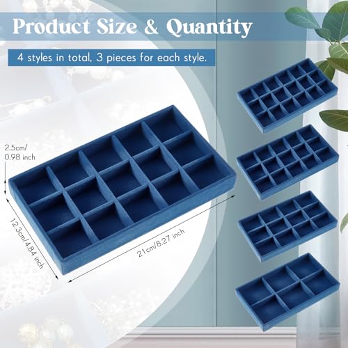 12 Pcs Jewelry Tray Velvet Stackable Jewelry Organizer Trays Divided Earring Accessories Storage Containers Box (Rose Red) - color: Peacock Blue