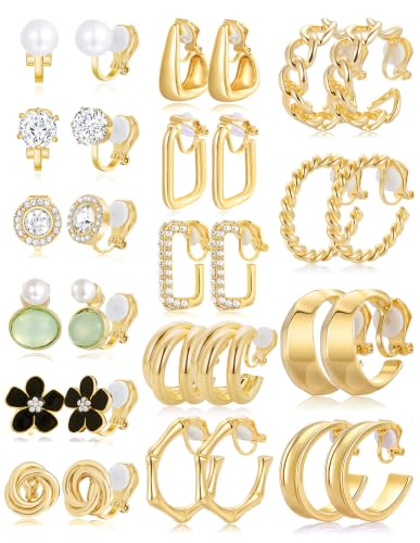 15 Pairs Clip on Earrings for Women Chunky Hoop Clip Earring Round CZ Twist Simulated Pearl Flower Knot No Piercing Fake Stud Earrings Sets Jewelry Gifts Silver Gold Plated - color: A: Gold