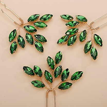 Teyglen 3pcs Bridal Crystal Hair Pins Rhinestones Hair Pieces Simple Crystal Wedding Hair Accessories Handmade Hair Pins for Women Bride Girls (Green-gold) - color: Green-gold
