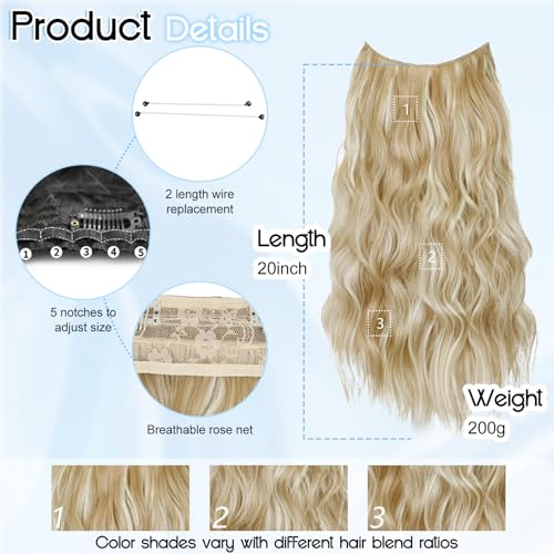 Beige Blonde Halo Hair Extensions with Light Blonde Highlights | 20 Inch Wavy Synthetic Fiber with Invisible Wire and 4 Secure Clips for Easy Daily Styling and Party Wear - color: Blonde Highlights