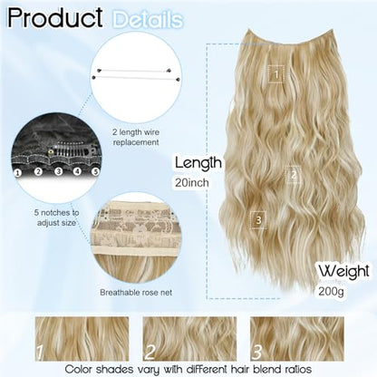 Beige Blonde Halo Hair Extensions with Light Blonde Highlights | 20 Inch Wavy Synthetic Fiber with Invisible Wire and 4 Secure Clips for Easy Daily Styling and Party Wear - color: Blonde Highlights
