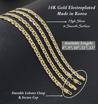 Gold Electroplated Anklet, Made in Korea - style: Concave Mariner Chain