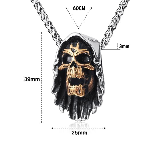Skull Necklace for Men Stainless Steel Gothic Punk Emo Biker Necklace Jewelry for Men 60cm - style: Two-tone Death Skull