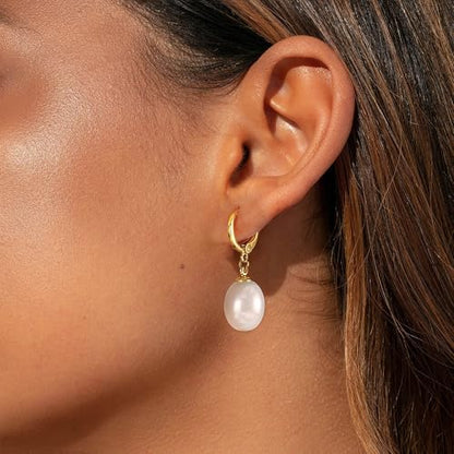 YOIHUR Drop Dangle Pearl Earrings for Women, Dainty 14K Gold Plated Pearl Hoop Earrings Hypoallergenic Wedding Pearls Dangle Earrings Jewelry Gift for Women Bridal - color: Gold-Pure Oriental Pearl Earrings