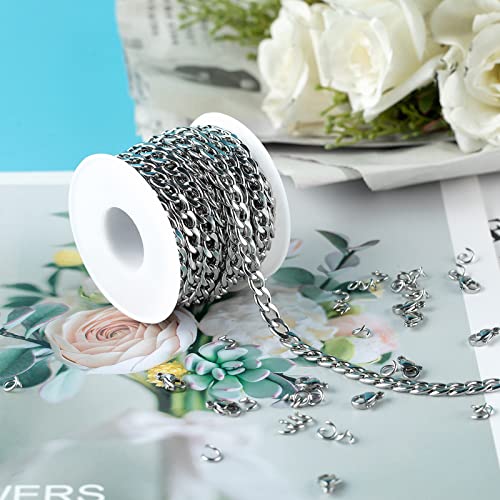 16.4 Feet Stainless Steel Curb Chains Chunky 6mm Twisted Links Necklace Chain Bulk with Open Jump Rings Lobster Clasps for Women Men Bracelet Jewelry Making - color: Twist_9x6mm