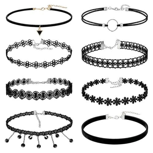 90s Classic Gothic Tattoo Lace Chokers, 8 Pcs Black Velvet Choker Necklaces for Women, Adjustable Retro Grunge Punk Chokers for Cosplay Christmas Halloween Concert Birthday Party