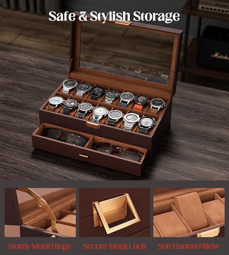 Watch Case Box for Men – 14 Slots Watch Display Organizer with 6-Compartment Eyeglasses Storage, Real Glass Lid 2-Layer PU Leather Collection Holder Gift for Loved Ones Brown - size: 14 Slots, Brown