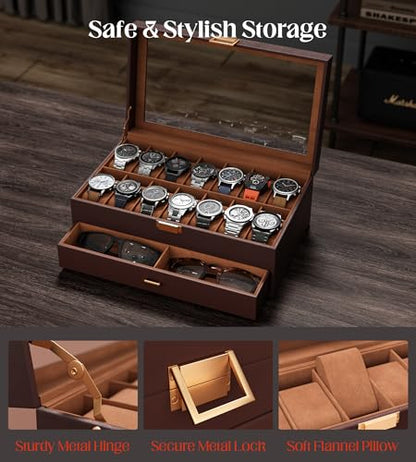Watch Case Box for Men – 14 Slots Watch Display Organizer with 6-Compartment Eyeglasses Storage, Real Glass Lid 2-Layer PU Leather Collection Holder Gift for Loved Ones Brown - size: 14 Slots, Brown