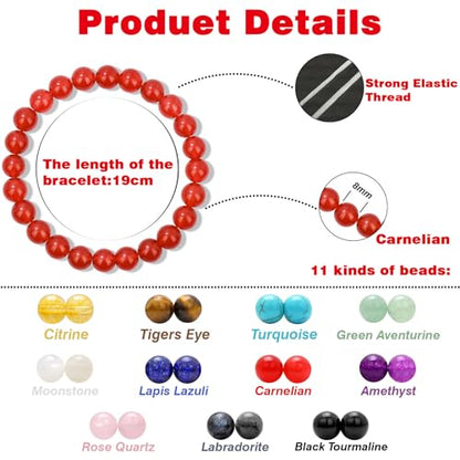 Raicegs 4 6 8MM Beaded Bracelets Healing Crystal Bracelet for Women Men Natural Stone Handmade Stretch Bracelet Reiki Spiritual Jewelry - color: Carnelian, size: 8mm