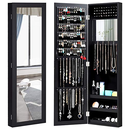 Giantex Wall Mounted Jewelry Cabinet with Full Length Mirror, Over The Door Jewelry Armoire Organizer with Large Storage, Makeup Mirror & Velvet Lining (Black) - color: Black