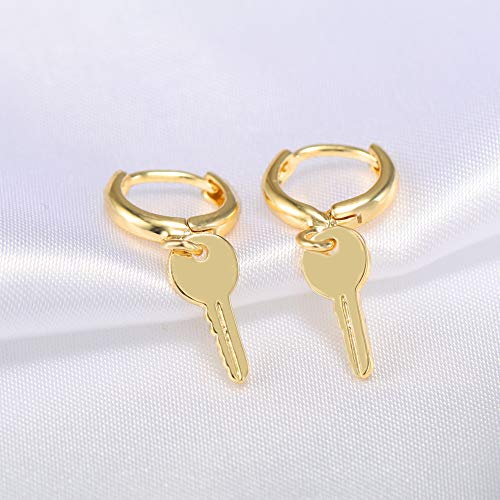 XYJZXY Gold Huggie Small Hoop Earrings with Charm Personalized Snake/Evil Eye/Star/Cross/Lock/Key 18k Gold Plated Crystal Drop Dangle Earrings for Women - style: Key