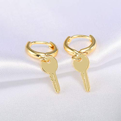 XYJZXY Gold Huggie Small Hoop Earrings with Charm Personalized Snake/Evil Eye/Star/Cross/Lock/Key 18k Gold Plated Crystal Drop Dangle Earrings for Women - style: Key