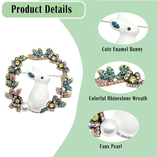 Cute Rabbit Rhinestone Brooch Pin for Women Girls, Fashion Crystal Bunny Animal Wreath Brooch Lapel Pins Dainty Clothes Accessory Jewelry Gift for Easter Day Birthday Party