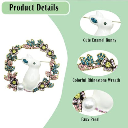 Cute Rabbit Rhinestone Brooch Pin for Women Girls, Fashion Crystal Bunny Animal Wreath Brooch Lapel Pins Dainty Clothes Accessory Jewelry Gift for Easter Day Birthday Party