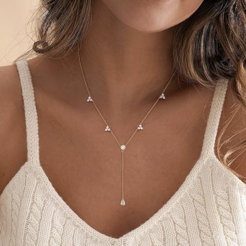 Long Gold Necklace For Women,Dainty Lariat Y Necklace 14K Gold Plated Cute Cubic Zirconia Lariat Necklaces Trendy Simple Statement Rhinestone Choker Necklaces Summer Jewelry - color: Gold-style 4