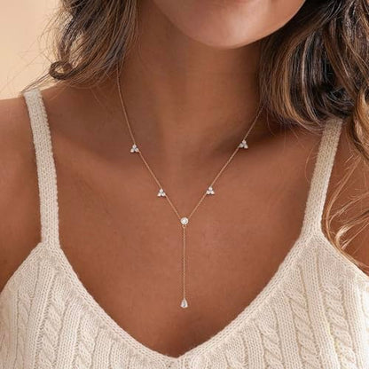 Long Gold Necklace For Women,Dainty Lariat Y Necklace 14K Gold Plated Cute Cubic Zirconia Lariat Necklaces Trendy Simple Statement Rhinestone Choker Necklaces Summer Jewelry - color: Gold-style 4