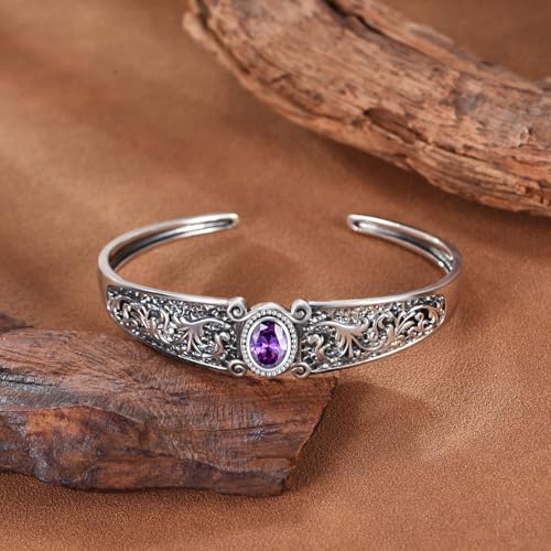 Genuine Amethyst Cuff Bracelet, 925 Sterling Silver Vintage Filigree Engraved Open Bangle Purple Gemstone Boho Jewelry February Birthstone Gift for Women - style: Style B