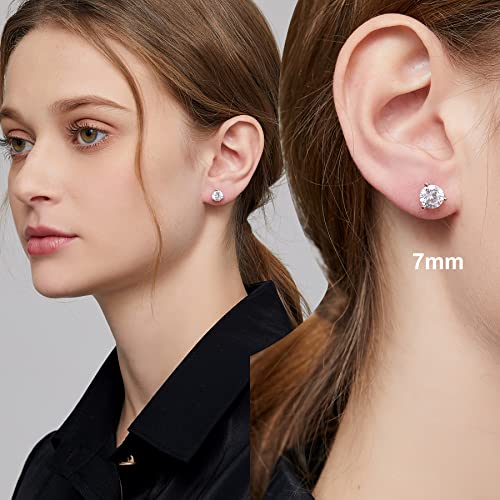 Jiamiaoi 18K White Gold Plated Stud Earrings 925 Sterling Silver Round and Square Cut Princess Cut 5A+ Cubic Zirconia Stud Earrings 4mm to 8mm Fashion Jewelry for Men Women - color: C-White-Three Prongs, size: 7mm