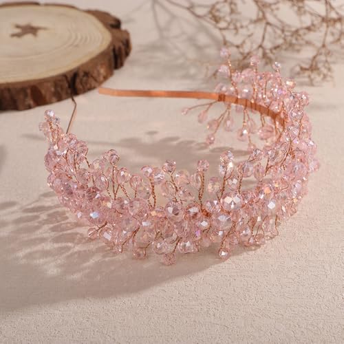 Denifery Large Crystal Headband for Wedding Bridal Hair Band Headpiece for Party Prom Hair Accessories (pink) - color: pink