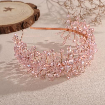 Denifery Large Crystal Headband for Wedding Bridal Hair Band Headpiece for Party Prom Hair Accessories (pink) - color: pink
