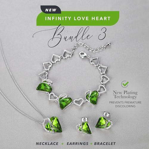 Leafael Necklace Gift Set for Women, Infinity Love Birthstone Heart Pendant with Matching Earrings and Bracelet, for Mom and Wife, Silver Plated - color: 08-Set-August-Peridot Green