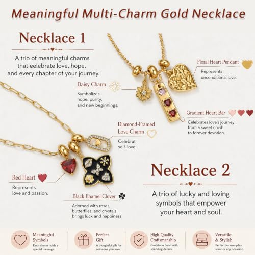 NUZON Multi-Charm Necklace for Women, 18K Gold Plated Stainless Steel Lucky Clover & Daisy Heart Pendant Necklace, NON Tarnish Sliding Charm Necklace Layering Jewelry, Meaningful Gift for Her 18’’ - color: Lucky Clover