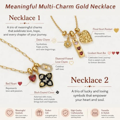 NUZON Multi-Charm Necklace for Women, 18K Gold Plated Stainless Steel Lucky Clover & Daisy Heart Pendant Necklace, NON Tarnish Sliding Charm Necklace Layering Jewelry, Meaningful Gift for Her 18’’ - color: Lucky Clover