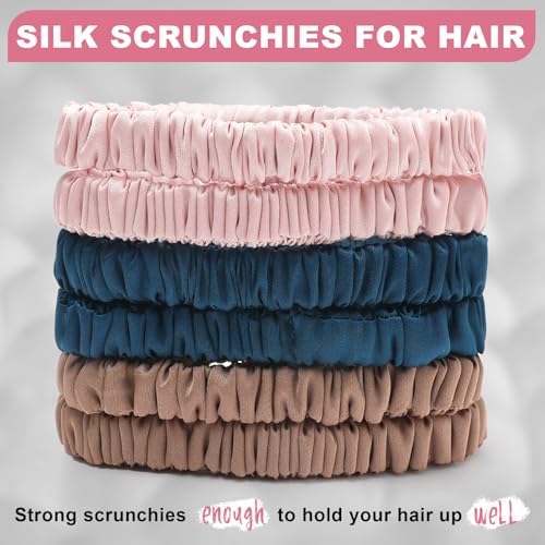 6Pcs Silk Hair Ties 100% Pure Mulberry Silk Scrunchies for Women Girls | No Hair Crease, Anti Frizz, Gentle Hold, No Damage, Color 06 - color: Curry&Navy&Pink