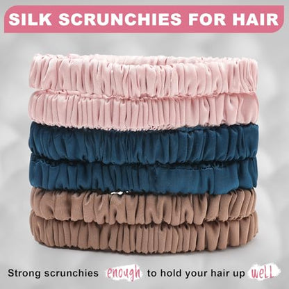 6Pcs Silk Hair Ties 100% Pure Mulberry Silk Scrunchies for Women Girls | No Hair Crease, Anti Frizz, Gentle Hold, No Damage, Color 06 - color: Curry&Navy&Pink