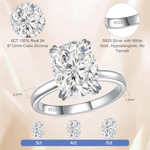 5CT Elongated Cushion Cut Engagement Ring Travel Band Size5-10 | Big Look CZ Fake Engagement Ring, 925 Sterling Silver 14K/White Gold Plated, Wedding Promise Anniversary Statement Gift - color: Silver