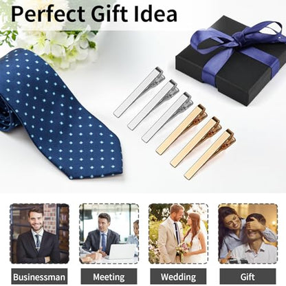 MOWPOG 6 Pcs Tie Clips for Men, Tie Bar Pins Tacks with Gift Box | Copper, Shiny & Glossy, for Father, Husband, Boyfriend, Business, Wedding, Suit Accessories, Easy to Open, Won't Fade/Scratch - color: 3 Gold + 3 Silver