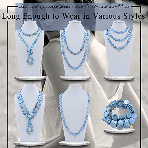Firstmeet Flat Round Coin Shell Beads Long Knotted Necklace Natural Mother of Pearl Handmade Jewelry For Women - color: Blue AB