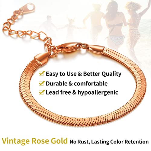 ChainsHouse Stainless Steel Herringbone Flat Chain Bracelets for Women,18K Gold/Rose Gold/Black Metal Paperclip/Snake/Cuban/Figaro Sterling Silver Link Charm Bracelet, 16+5cm Adjustable, With Gift Box - color: h. herringbone-rose gold-6mm