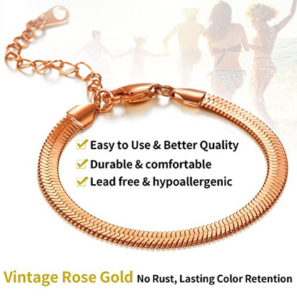 ChainsHouse Stainless Steel Herringbone Flat Chain Bracelets for Women,18K Gold/Rose Gold/Black Metal Paperclip/Snake/Cuban/Figaro Sterling Silver Link Charm Bracelet, 16+5cm Adjustable, With Gift Box - color: h. herringbone-rose gold-6mm