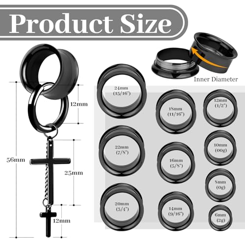 Aienid 2 Pcs Stainless Steel Dangle Gauges, 6mm-20mm Ear Tunnels Expander Plugs Stretcher Piercing Body Jewelry for Men Women - color: Cross, size: 6mm (2G)
