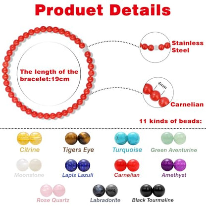 Raicegs 4 6 8MM Beaded Bracelets Healing Crystal Bracelet for Women Men Natural Stone Handmade Stretch Bracelet Reiki Spiritual Jewelry - color: Carnelian, size: 4mm