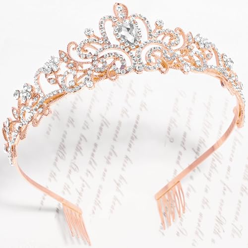 TAROSE Tiaras for Women, Birthday Crown and Sash for Girls | Birthday Sash Sunglasses Outfit, Birthday Gift for Women Girls, Goddess Crown Bride/Halloween/Prom/Party/Costume - color: 1 B. Rose Gold+white