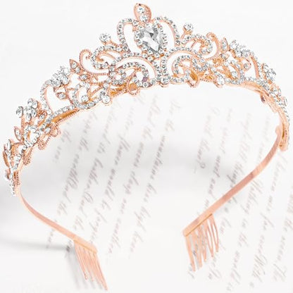 TAROSE Tiaras for Women, Birthday Crown and Sash for Girls | Birthday Sash Sunglasses Outfit, Birthday Gift for Women Girls, Goddess Crown Bride/Halloween/Prom/Party/Costume - color: 1 B. Rose Gold+white