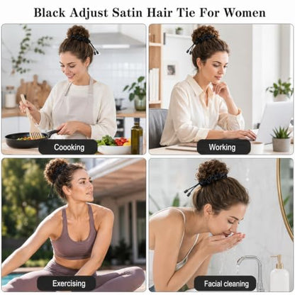 6Pcs Black Adjust Satin Hair Tie, Adjustable Black Hair Ties Satin Scrunchies Elastic Satins Headband for Women Girls Afro Puff Thick Curly Hairs Adjustable Loc Accessories for Blacks Women