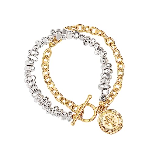 PEARLADA 18k Gold Plated Chain Layerd Bracelet Coin Charm Toggle Bracelet Trendy Cubic Zirconia Jewelry - color: 3. Silver+gold plated
