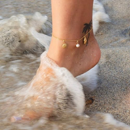NIXMAX Gold Anklets for Women, Waterproof Chain Trendy Ankle Bracelets | Non Tarnish, Adjustable Fit, 14K Gold Plated, Dainty Layered Looks, Summer Beach Vacation Body Jewelry, Gifts for Women - color: Gold-pearl/shell/sun