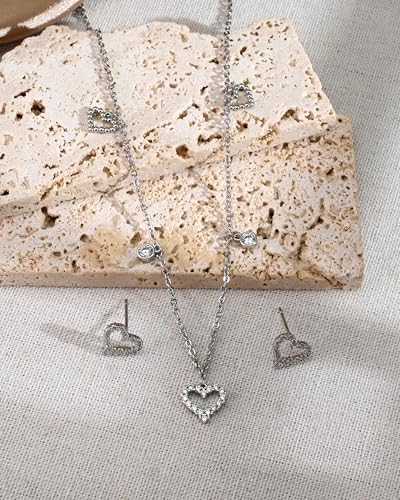 Silver Heart Jewelry Set for Women with Cubic Zirconia Heart Pendant CZ Adjustable Chain Necklace and Minimalist Small Stud for Wedding