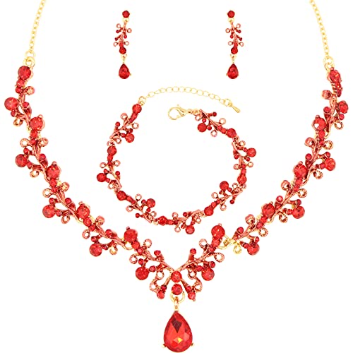 3Pcs Austrian Crystal Jewelry Set for Women, Necklace Dangle Earrings Link Bracelet Jewelry Set with Gold/Platinum/Gun Plated, Wedding Party Jewelry for Bridal Bridesmaid - color: Red-Gold Plated