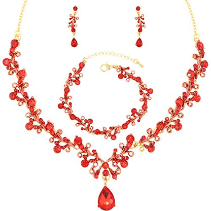 3Pcs Austrian Crystal Jewelry Set for Women, Necklace Dangle Earrings Link Bracelet Jewelry Set with Gold/Platinum/Gun Plated, Wedding Party Jewelry for Bridal Bridesmaid - color: Red-Gold Plated